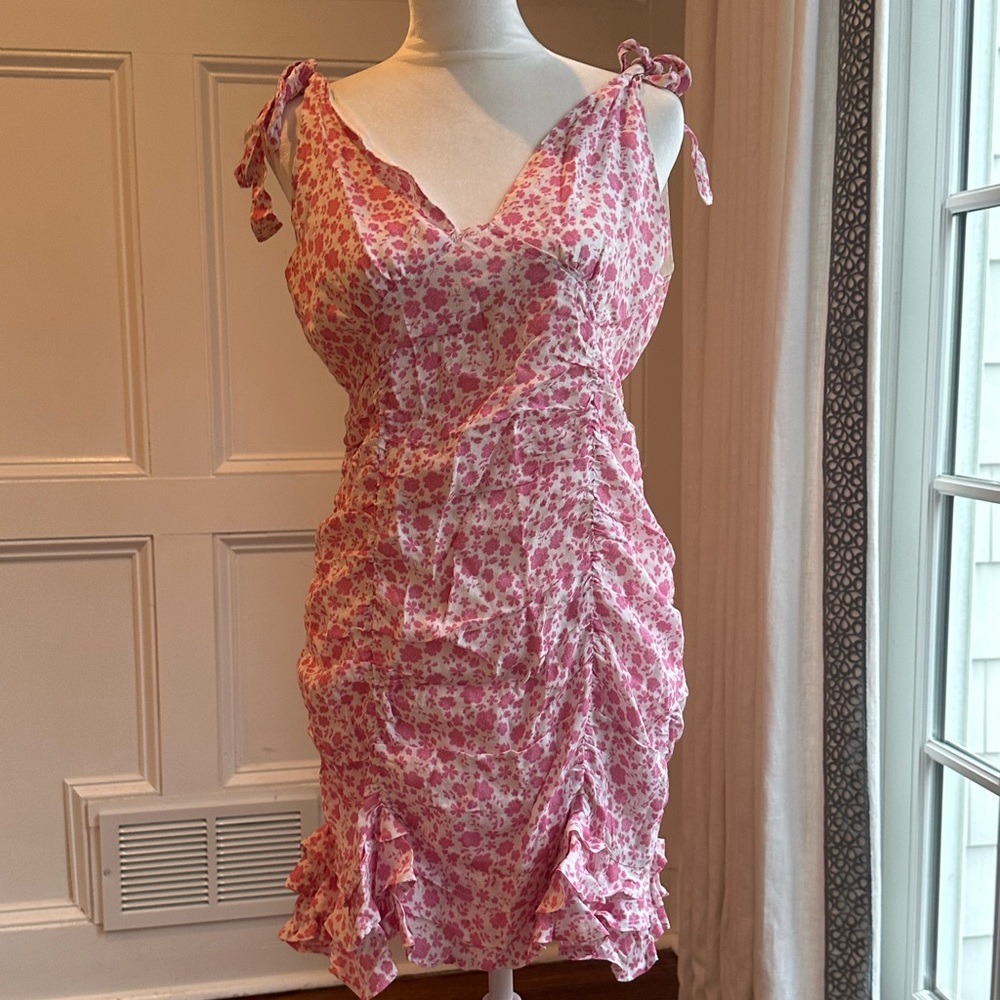 Hazel Boutique Pink Floral Ruched Dress | Size L